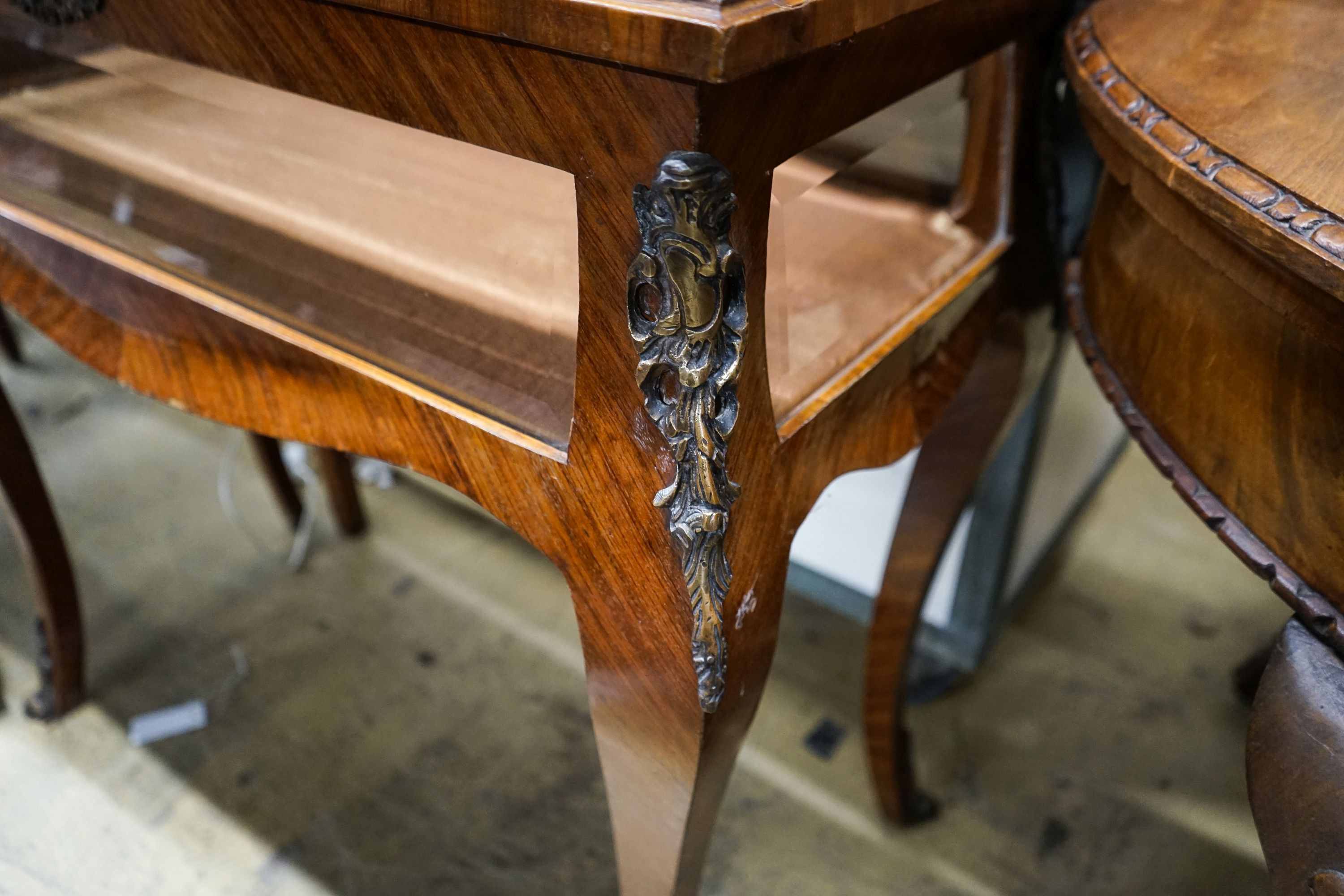 A Louis XV design gilt metal mounted kingwood and walnut bijouterie cabinet, width 82cm, depth 42cm, height 88cm